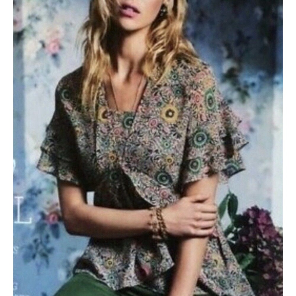 Cabi Poet Folklore Flora Short Sleeve Blouse Boho Tiered Ruffle Size M